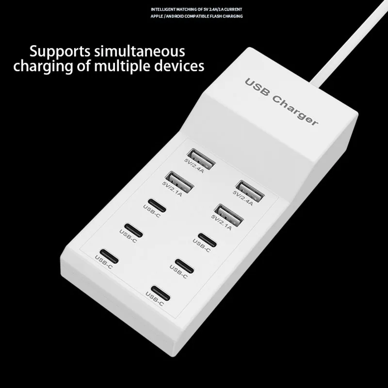 USB Charger 10-Port USB Charging Station for Multi Devices 50W USB Hub Adapter for iPhone Samsung Xiaomi Huawei Socket