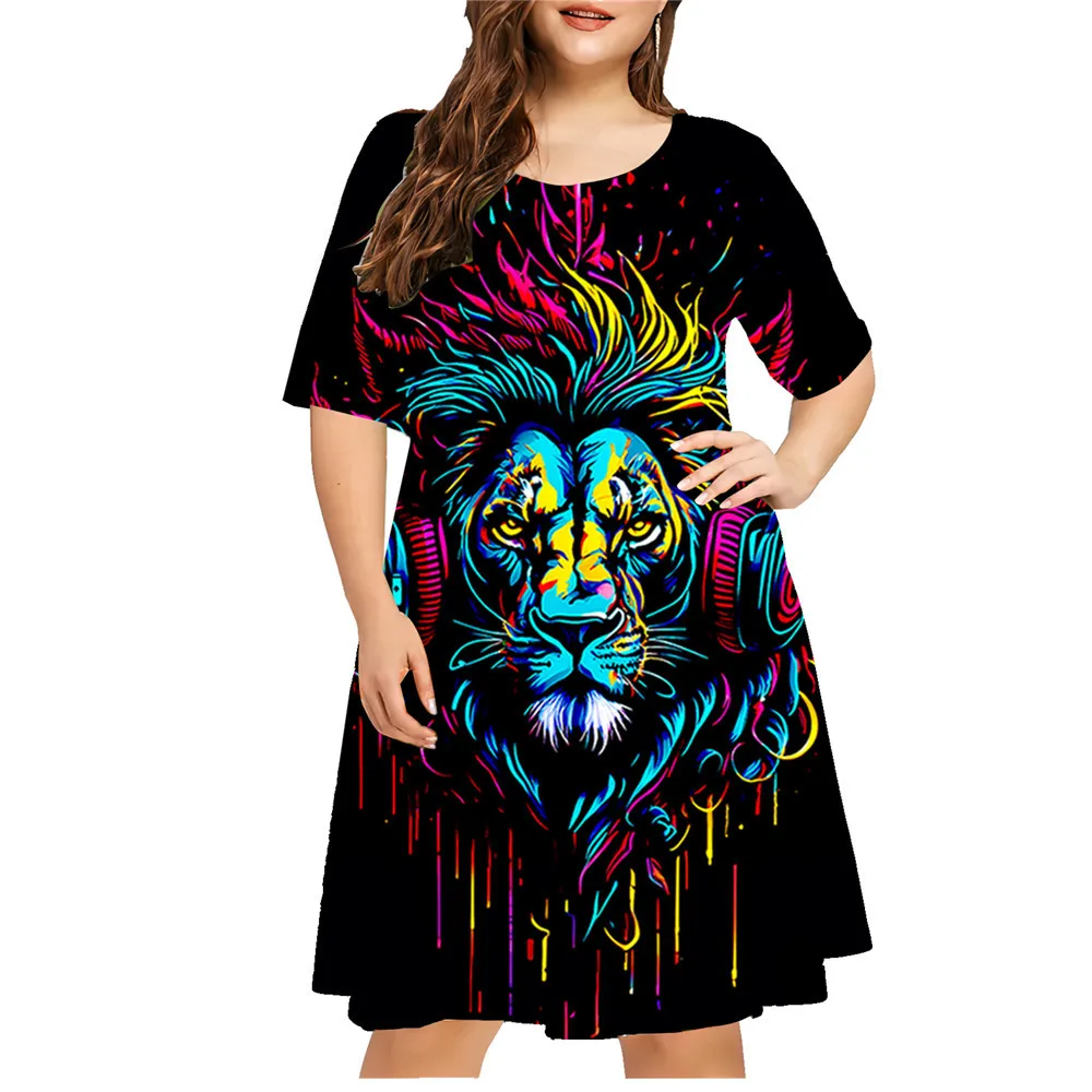 Vestido feminino com estampa de leão animal, impressão 3D, manga curta, streetwear verão, moda feminina, roupas, tamanhos grandes, XL