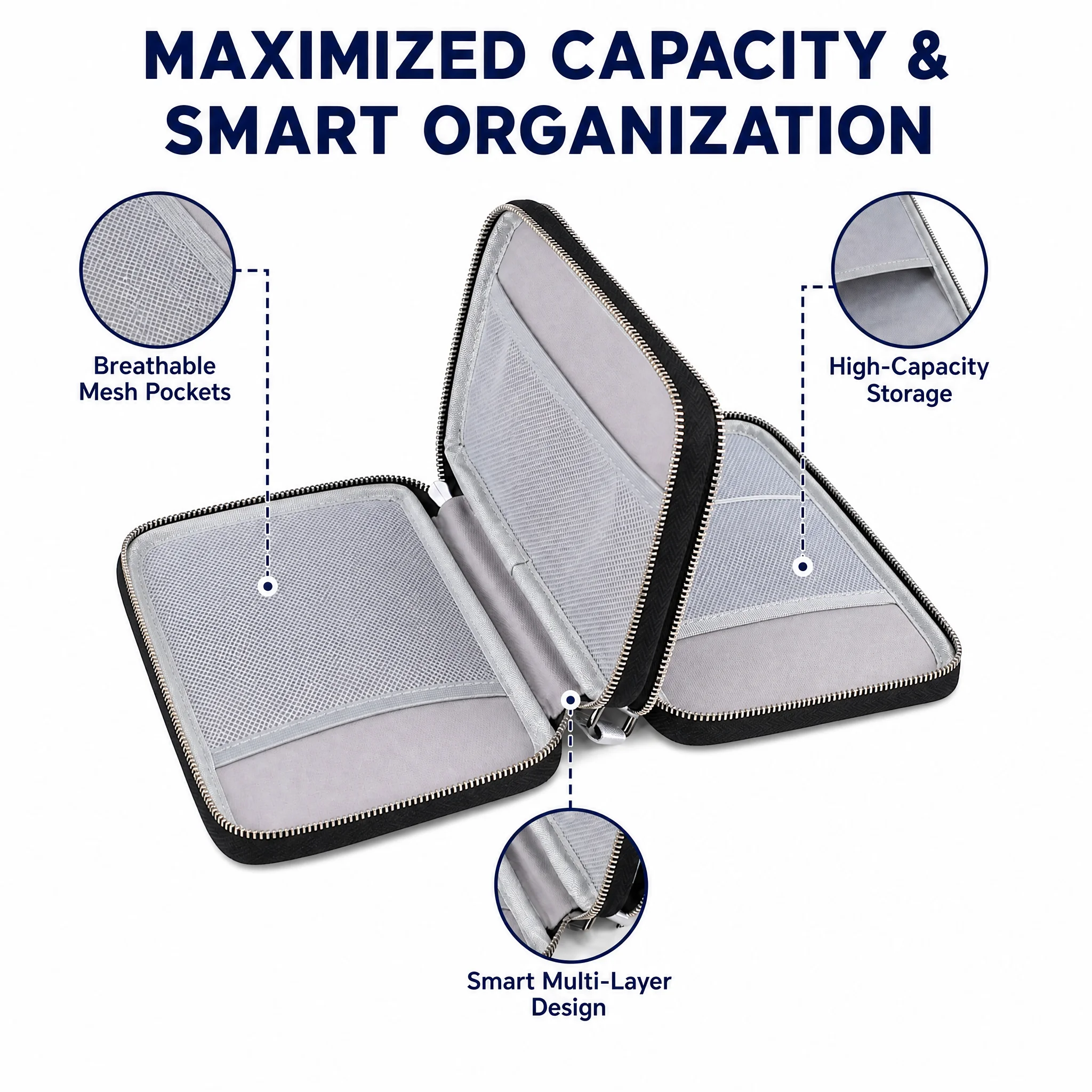 Fireproof Waterproof Storage Bag Silver PU Leather Electronic Accessories Organizer Dual Layer Battery Pouch for Travel Home