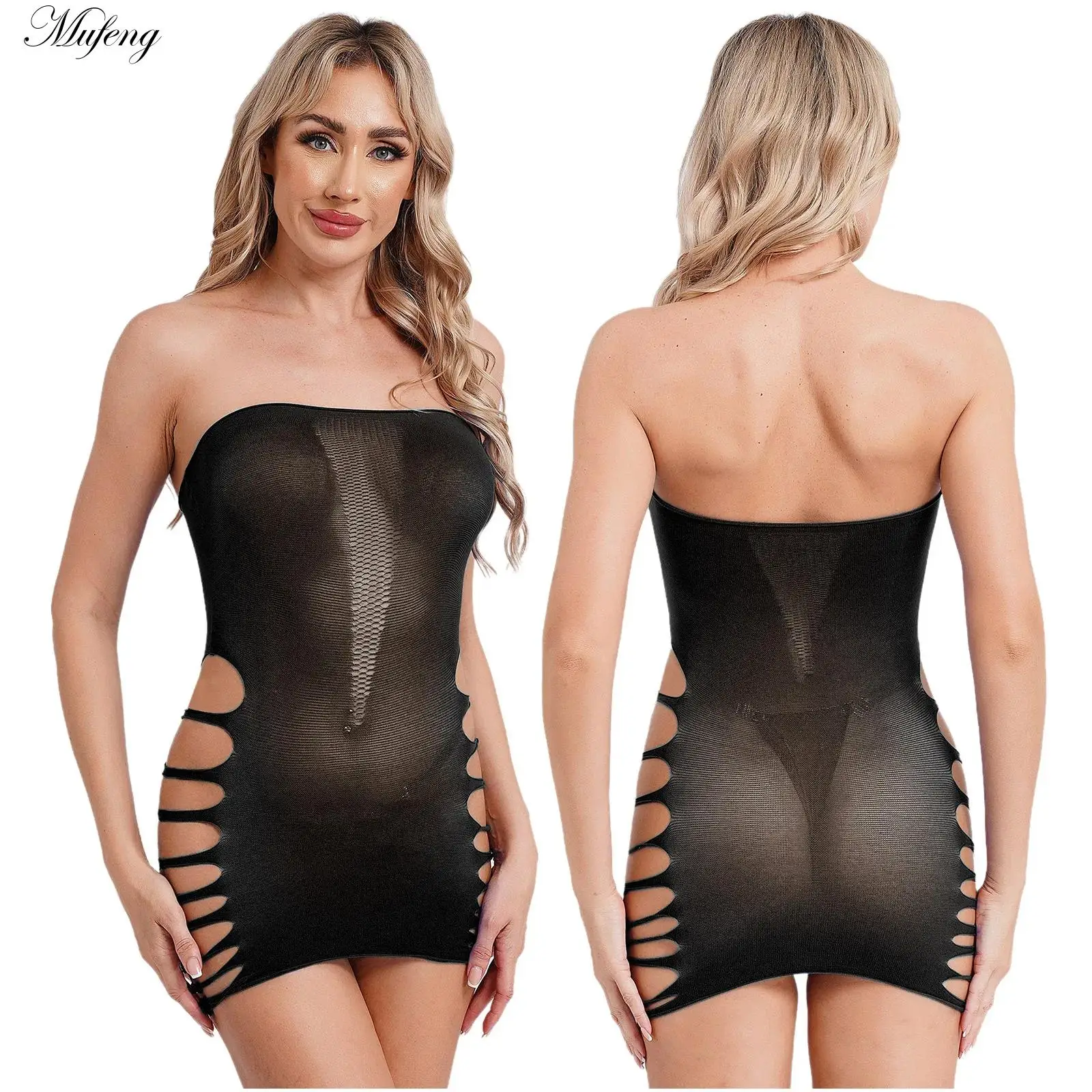 

Womens Sexy See Through Mesh Bodycon Dress Summer Strapless Strappy Cutout Hip Wrap Mini Dress Clubwear Cover-up Swimwear Bikini