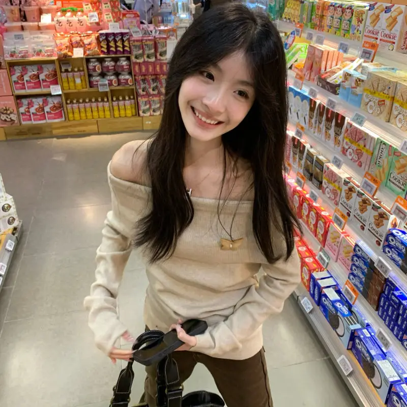 

Slash Neck Pullovers Women Knitted Basic Tops Slim Skin-friendly Girls Slouchy Bow-button Design Autumn Winter Stylish Youthful