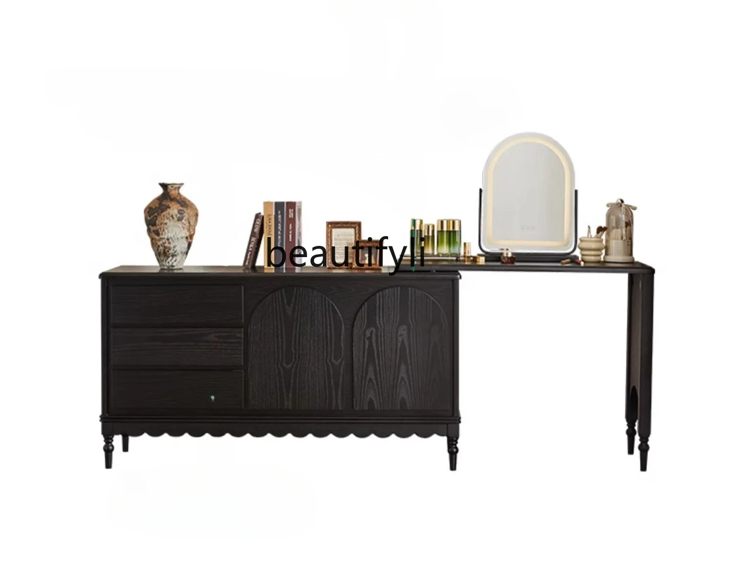 

French Retro Tailstock Chest of Drawers Dresser Integrated Bedroom Computer Desk Makeup Table Black Solid Wood Dresser