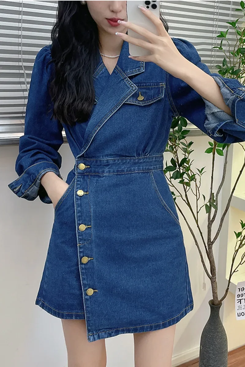 

French Suit Collar Denim Dress Female New Retro A-word Design Sense Niche Unique Skirt Women Clothing Mini Dress