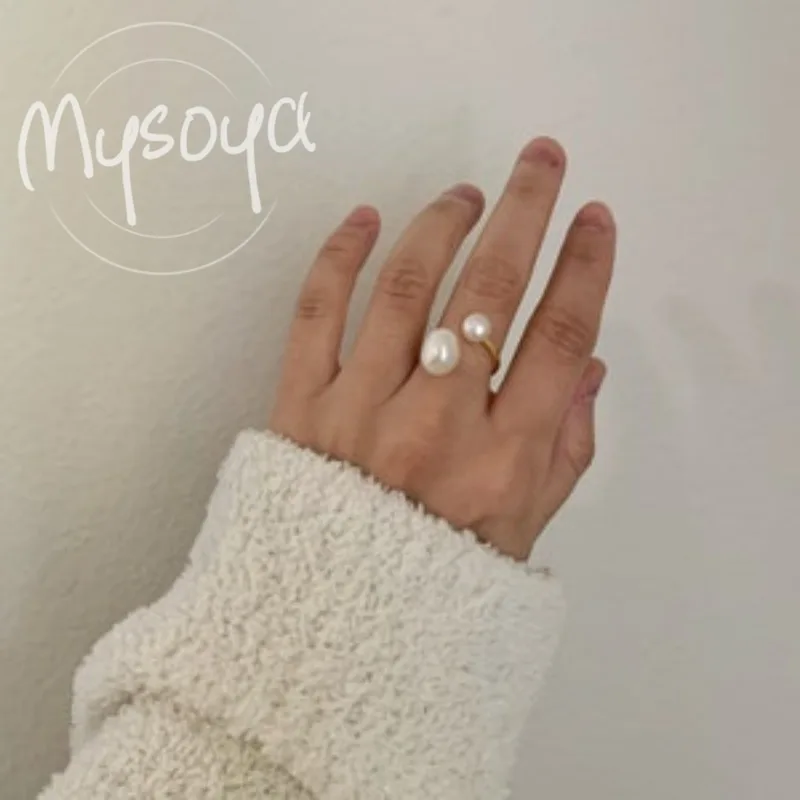 

MYSOYA кольцо с двойной бусиной из белого пресноводного жемчуга 5-6 мм и 8-9 мм с подарочной коробкой для нее/него дня рождения/свадьбы/Рождества/новогоднего подарка