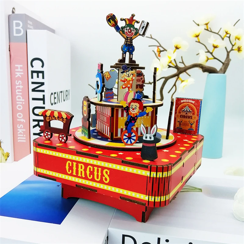 DIY Circus Music Box Wooden Model Building Kits 3D Jigsaw Puzzles Assembly Toys for Children Birthday Gifts Home Decoration