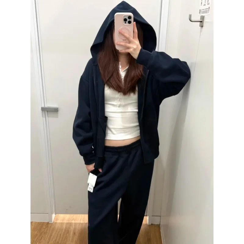 Japanese Korean Retro Classic Solid Hooded Loose Zipper Hoodie 2026 Autumn Casual Fashion Basic Commuting Female Clothing