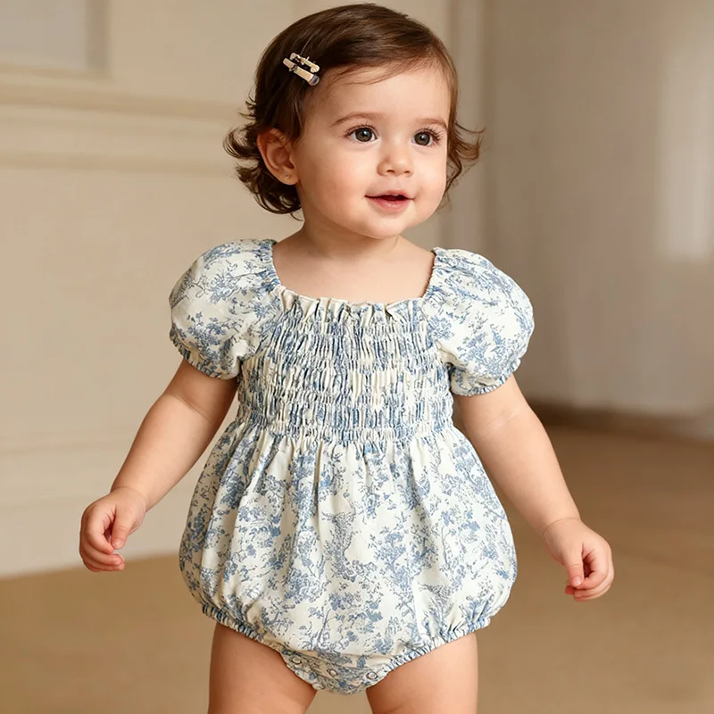 Jumpsuits Princess Style Baby Girl Romper Summer Floral Short Sleeve Newborn Bottom Cover Clothes One-Month Celebration Bodysuit