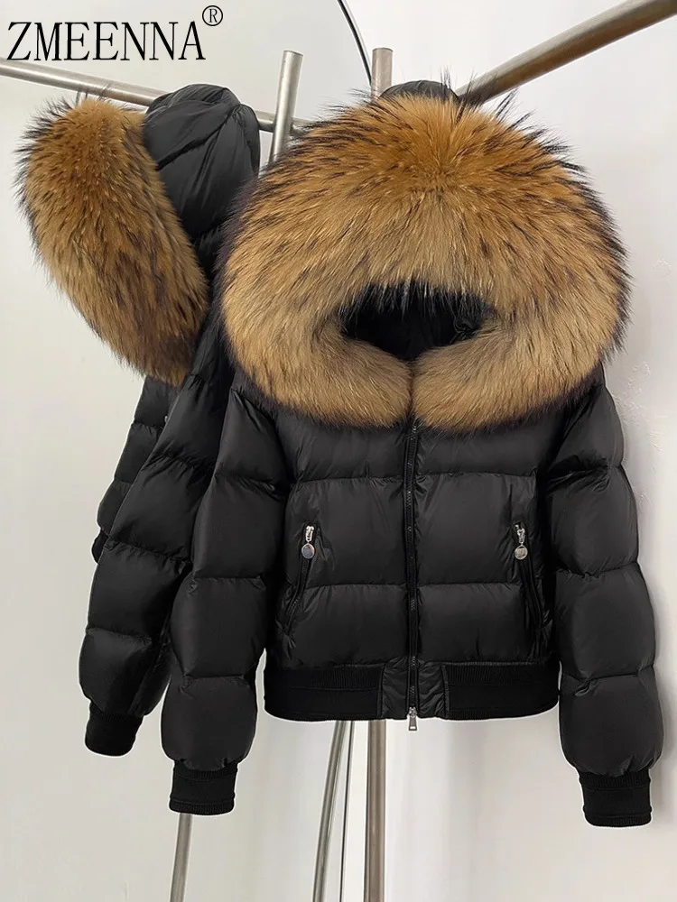 

ZMEENNA Women's Down Puffer Jacket Hood Genuine Fur Trim Short Winter Coat Warm Padded Outwear With Ribbed Cuffs ZM3827