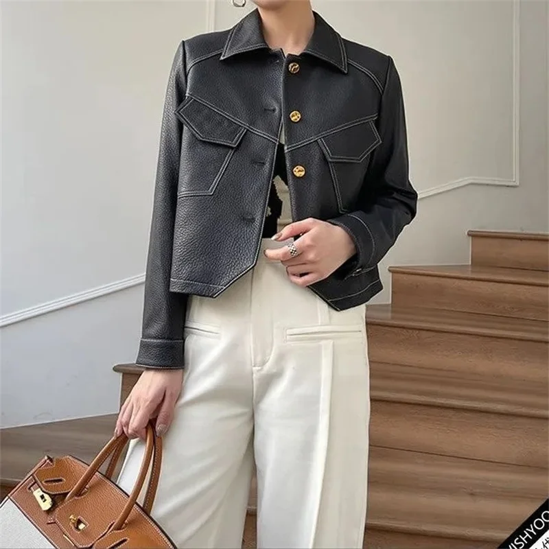 High-End Brown Women Bike Coat PU Leather Outwear Button Outfit Spring Autumn Women Fashion Short Thin Female Jacket Black 2023