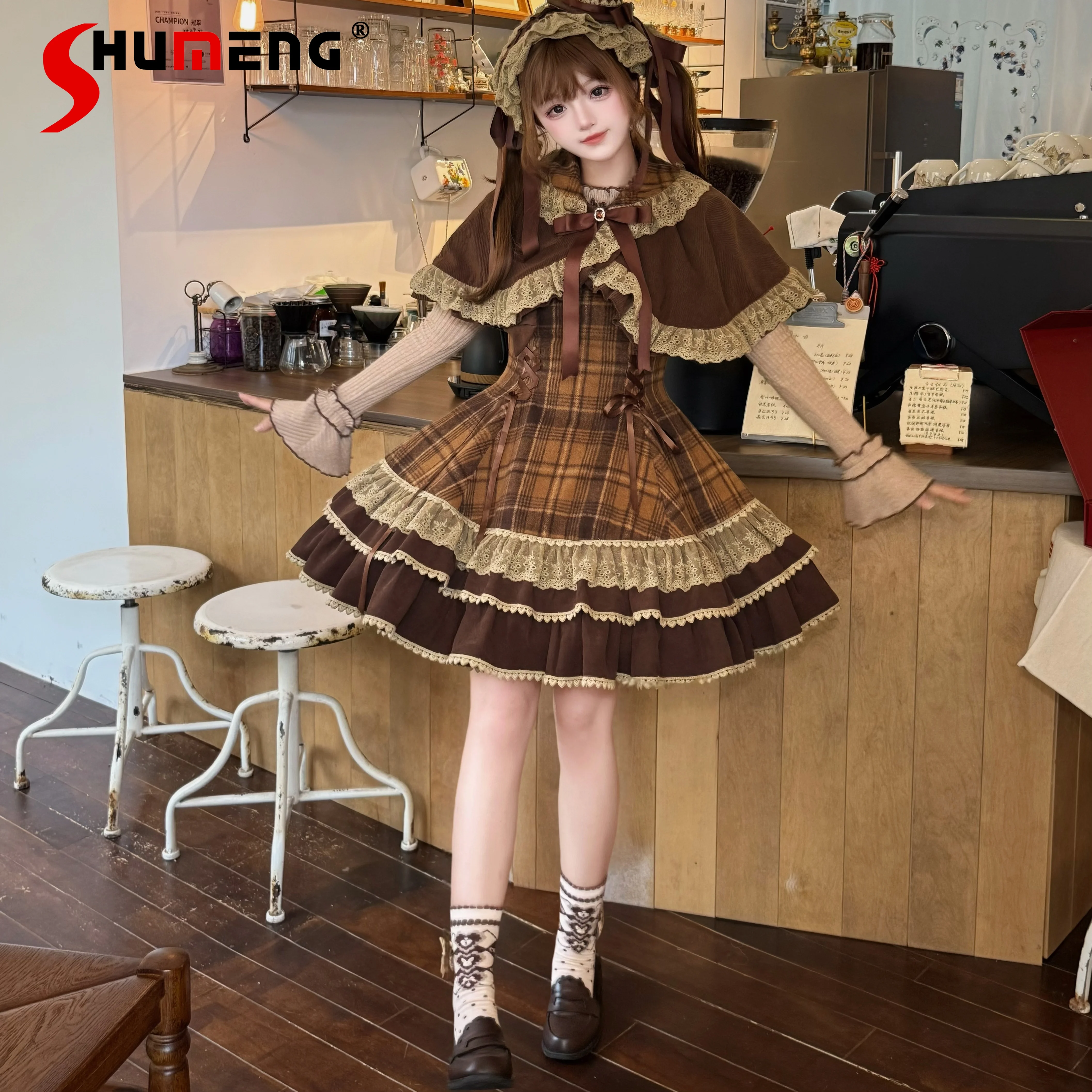 

Autumn New Sweet Cute Lolita Cos Sling Dress Cape Set Japanese Soft Girls Kawaii Plaid Cake Dress Y2k Birthday Party Dresses