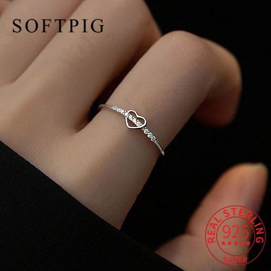 

SOFTPIG Real 925 Sterling Silver Zircon Hollow Heart Adjustable Ring For Charming Women Trendy Fine Jewelry Minimalist Bijoux