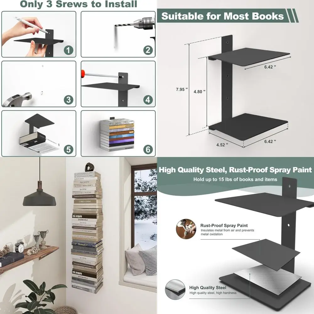 

8-Tier Metal Wall Bookshelf, Vertical Spine Organizer, Heavy-Duty Floating Shelves, 4-Pack Black for Home Office