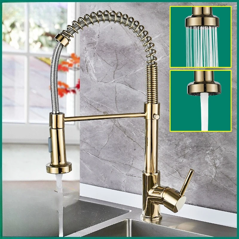 

All-Copper Spring-Loaded Faucet for Kitchen Sink, Swivel and Pull-Out, Black and Gold Painted