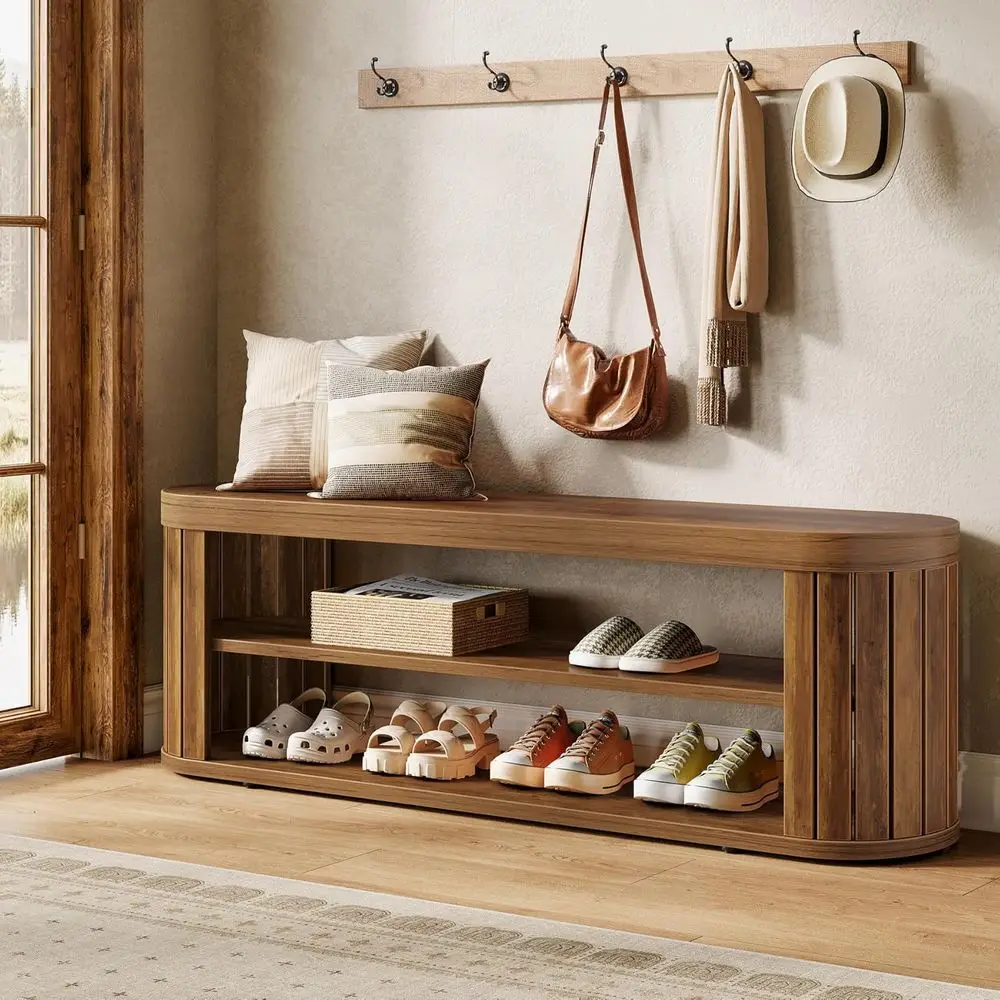 47.2" Wooden Entryway Bench with 2-Tier Shoe Storage, armhouse Dining Bench with Adjustable oot Pads, End o Bed Stool or Bedroom