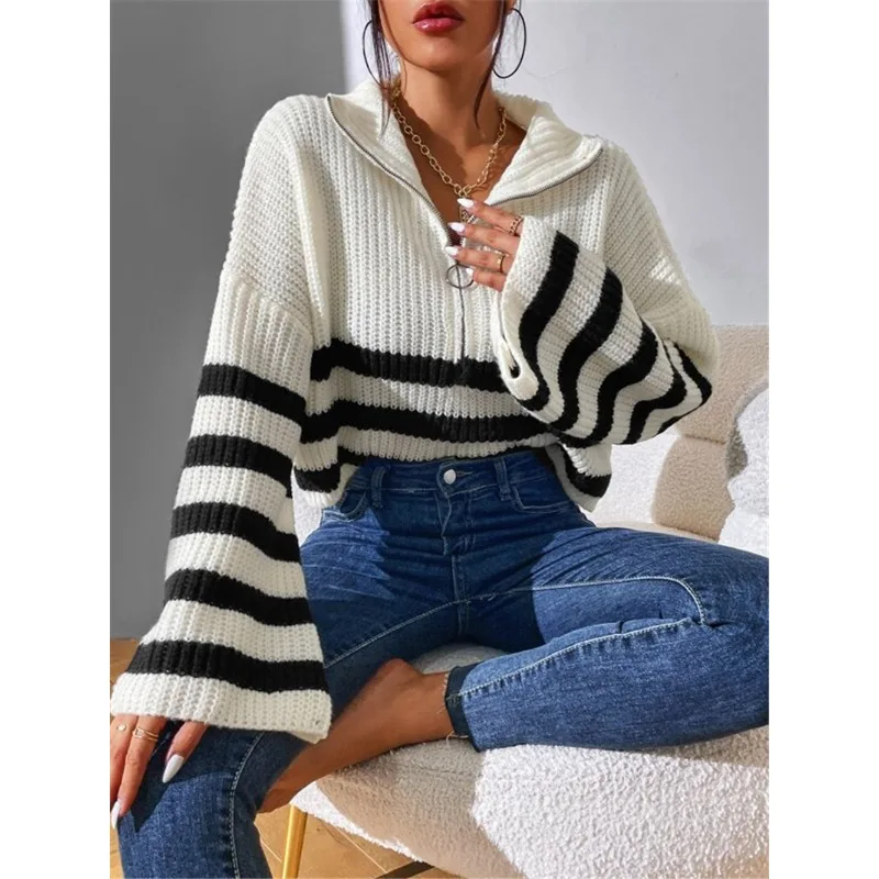 

Autumn New Fashion Women's Striped Stand Neck Loose Sweater Female Clothes Temperament 2024 Daily Women Casual Knitted Pullover