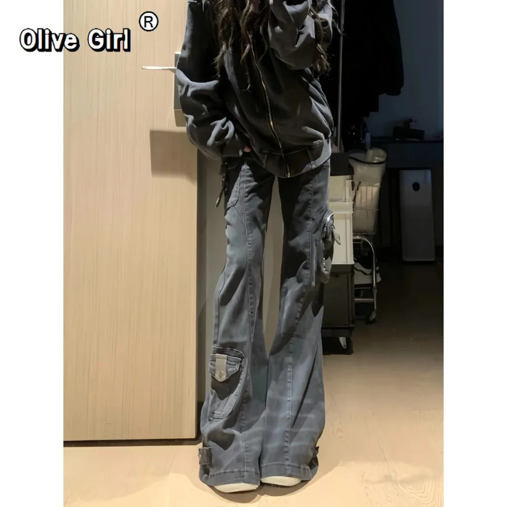 Women's Jeans Flare Cargo Jeans Harajuku Japanese Trousers Low Rise Denim Pants Abi Y2k Bell Bottom American Retro High Street