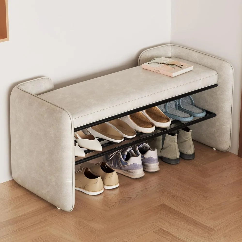 

47" Shoe Bench with Shelf, 1 Tier Entryway Bench with Storage,Ottoman Bench Upholstery Shoe Rack with Cushion for Entryway Hallw