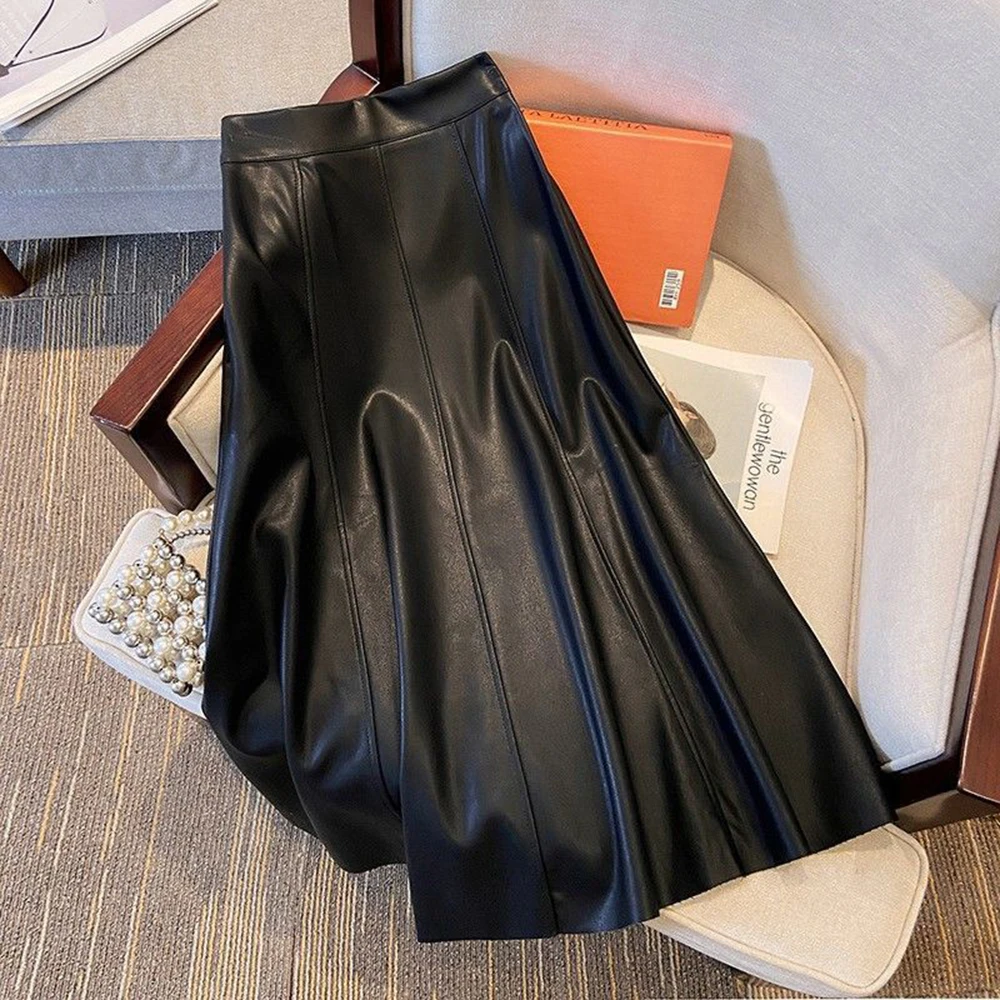 بلون بولي Leather جلد المرأة ميدي تنورة ألف خط منتصف العجل فستان عالية الخصر Pleather تنورة ريترو ستايل التنانير الشتاء التنقل اليومي