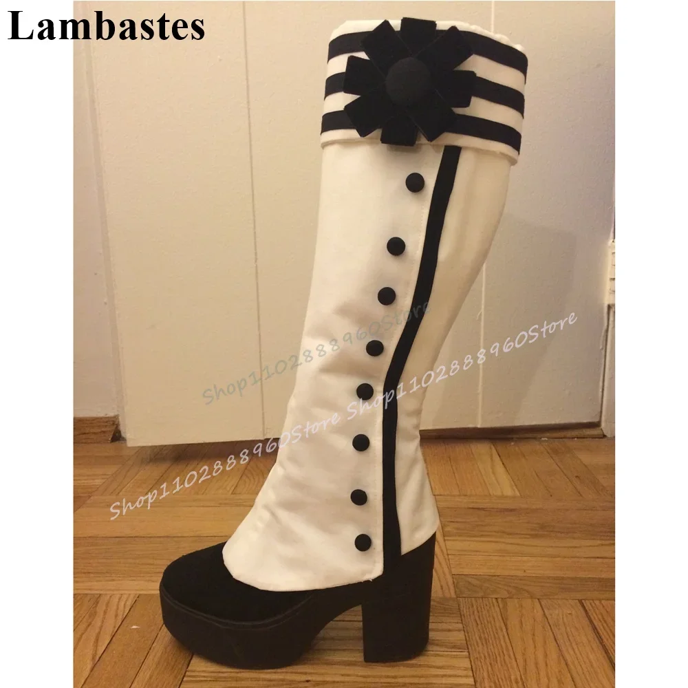 

Black And White Flower Button Decor Boots Chunky High Heel Women Shoes Side Zipper Round Toe 2025 Fashion Zapatos Para Mujere