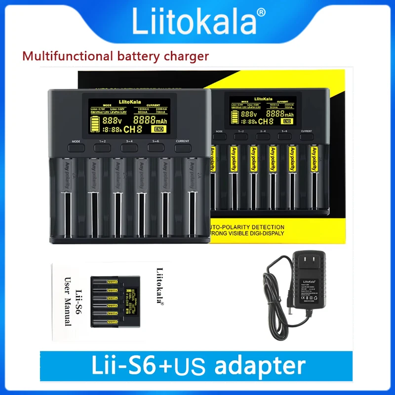 LiitoKala Lii‑S6 6‑Slot LCD Smart Battery Charger Auto‑Polarity Detect for 18650 26650 21700Li‑ion Ni‑MH Rechargeable Batteries