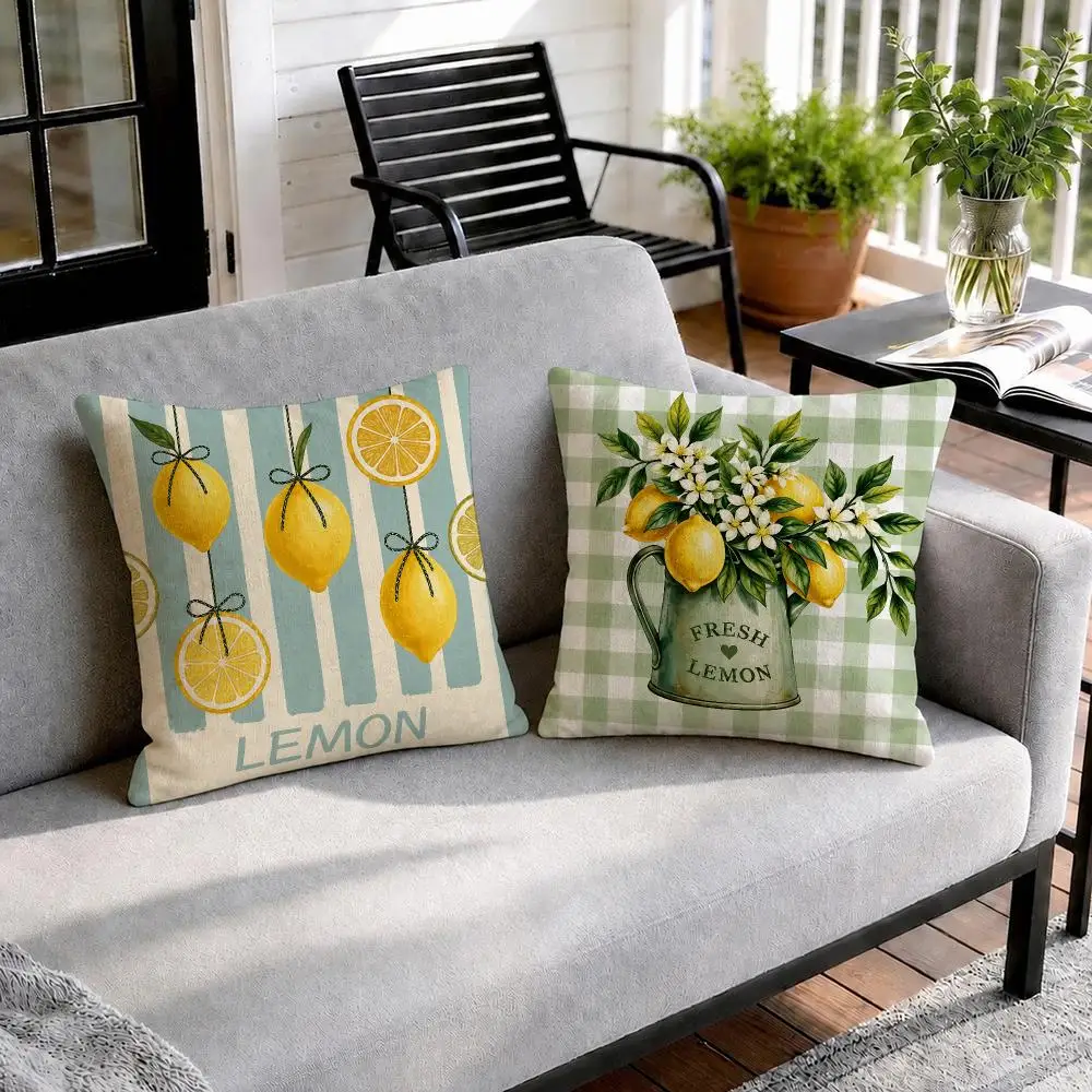 Striped Sunshine Lemon Cushion Cover Natural Linen Organic Fabric Double-Sided Printing Sofa Home Decor Gift Pillow Cover