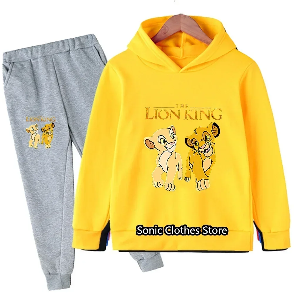 Disney Cartoon Animals Graphic Simba Kids Clothes Cotton Suit Girls Cartoon Lion King Hoodies Pants 2Pcs Casual Boys Girls Sets