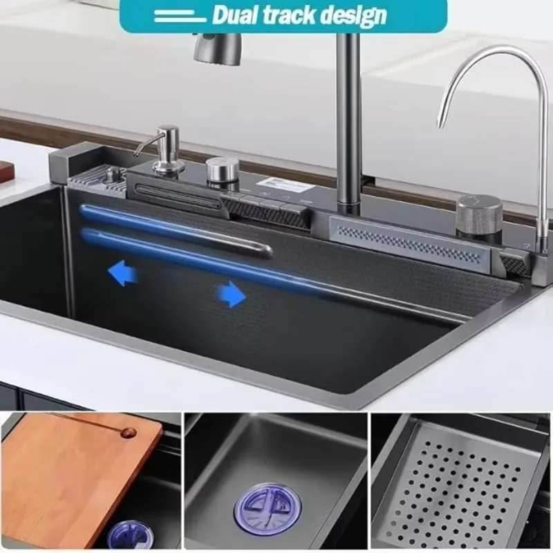 Popular Large Single Slot Multi-Sink Anti-Scratch LED Digital Display 304 Stainless Steel Waterfall Bowl Kitchen Sink