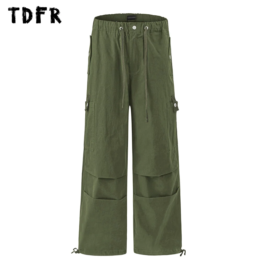 

Solid Color Pocket Cargo Pants Mens Drawstring Elastic Waist Safari Style Straight Loose Wide Leg Jogger Pants Men Trousers