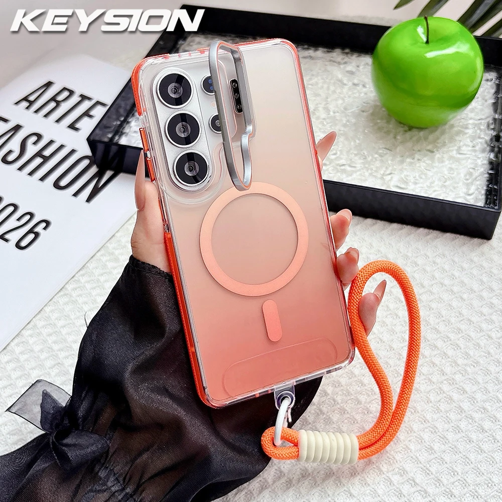 KEYSION Metal Lens Stand Magnetic Phone Case for MagSafe for Samsung Galaxy S26 Ultra 5G S26+ Gradient Shockproof Lanyard Cover