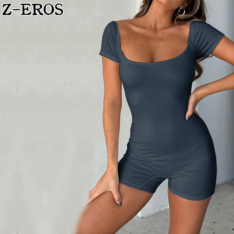 Z-EROS Women's Short Jumpsuit With Short Sleeves, Square Neck, Solid Color Buttocks Lifting Sportswear, Comfortable Fitness Wear