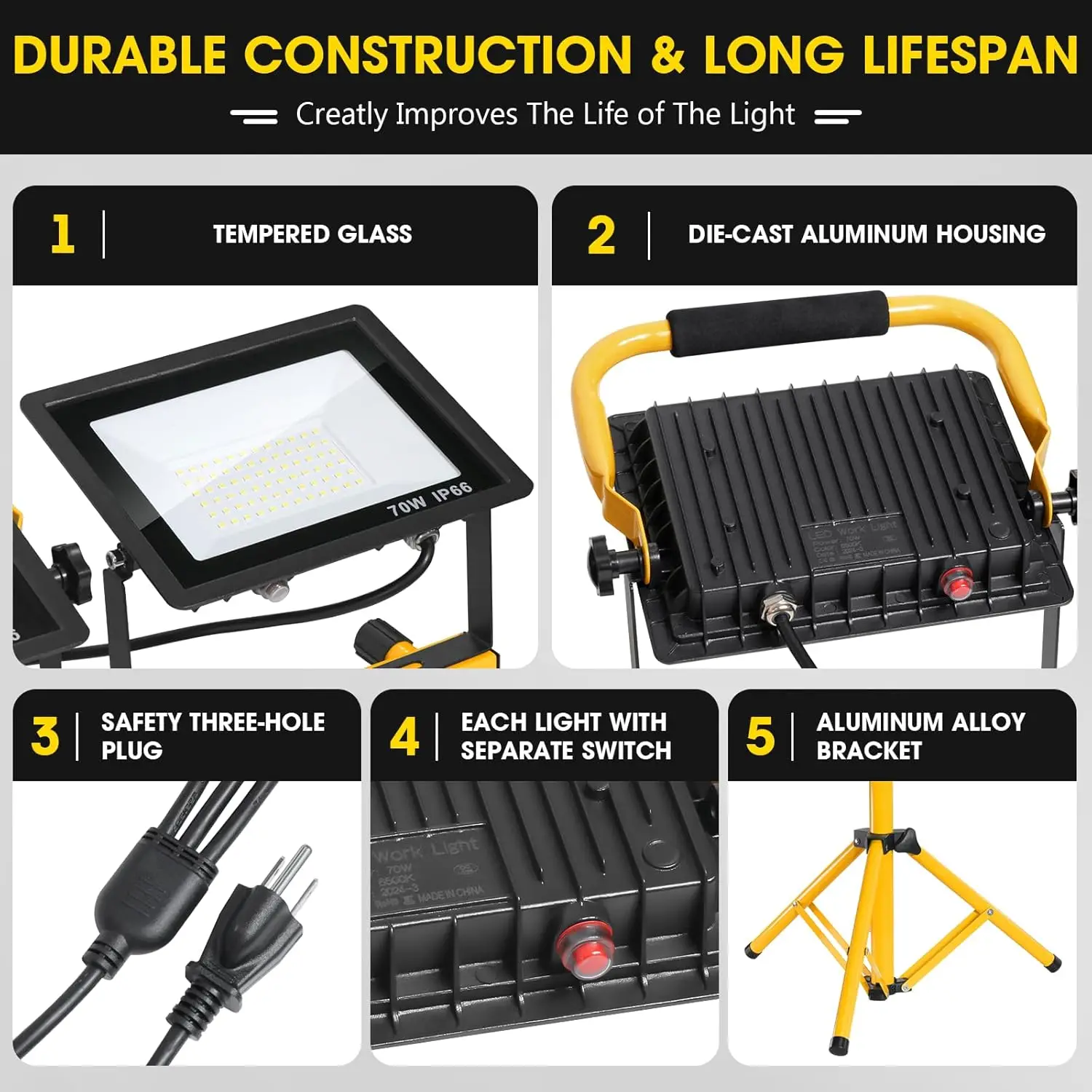 Luzes de trabalho LED com suporte, luz de trabalho portátil com cabo 16FT IP66 tripé impermeável Worklights ao ar livre, 3 cabeça, 21000lumen