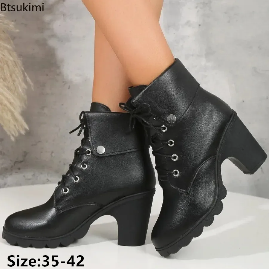 

New 2024 Women's Thick Heels Ankle Boots Autumn Winter Martin Boots Women Round Toe Lace Up Boots Thick Soled High Heel Shoes