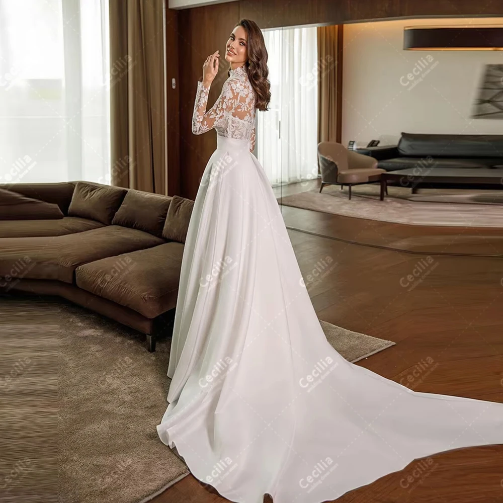優雅なウェディングドレスヴィンテージブライダルドレスレースアップリケフルスリーブローブフォーマルパーティー用カスタマイズされたvestidosデノビア