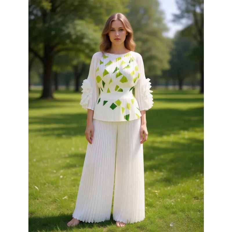 

Miyake Pleated Printed Top New Plus Size Women Casual Pants 2 Piece Set Temperament Elegant Non Iron Clothing Middle East Europe