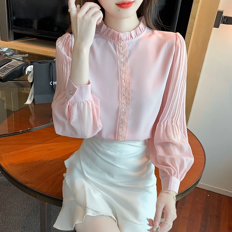 Spring Women Pink Chiffon Blouse Shirt Women Tops Blusas Mujer De Moda 2024 Long Sleeve Blouse Women Shirts Blouses Femme F447