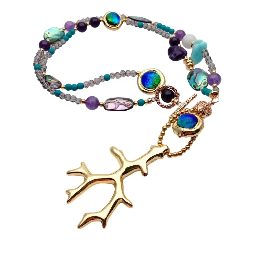 Y·YING Natural Purple Amethyst Murano Glass Turquoise Abalone Shell Necklace Resin Pendant