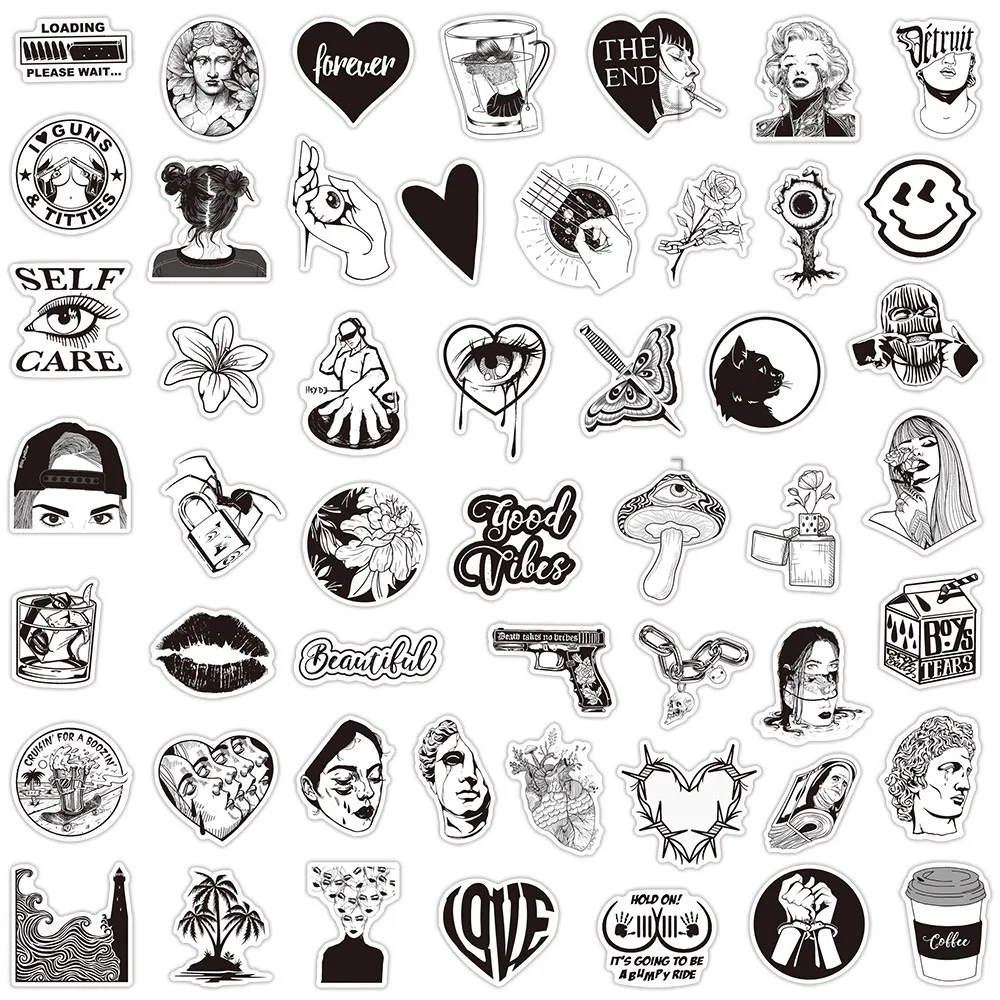 10/30/50PCS Black and White INS Style Art Plaster Sticker DIY Phone Laptop Luggage Skateboard Graffiti Decals Fun for Kid