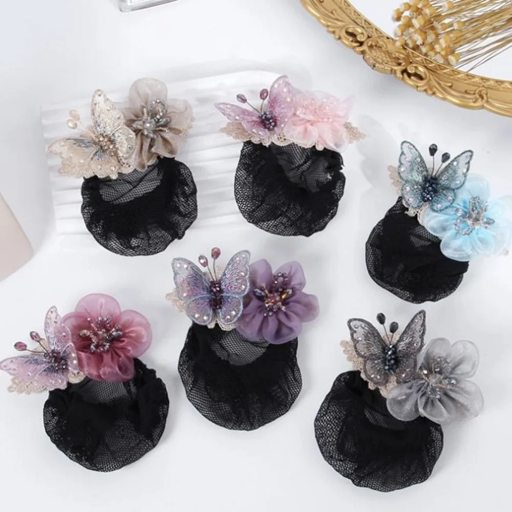 Flight Attendant Mother's Day Flower Bun Net Snood Women Hairpin Korean Style Headdress Flower Butterfly Spring Clip