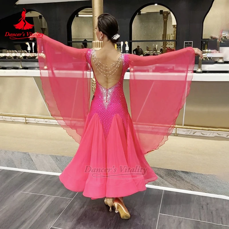 Adult Female Social Dance Big Flared Sleeves AB Stones Backless Dress Customize Dancer's Vitality Waltz Perform Contest Clothes