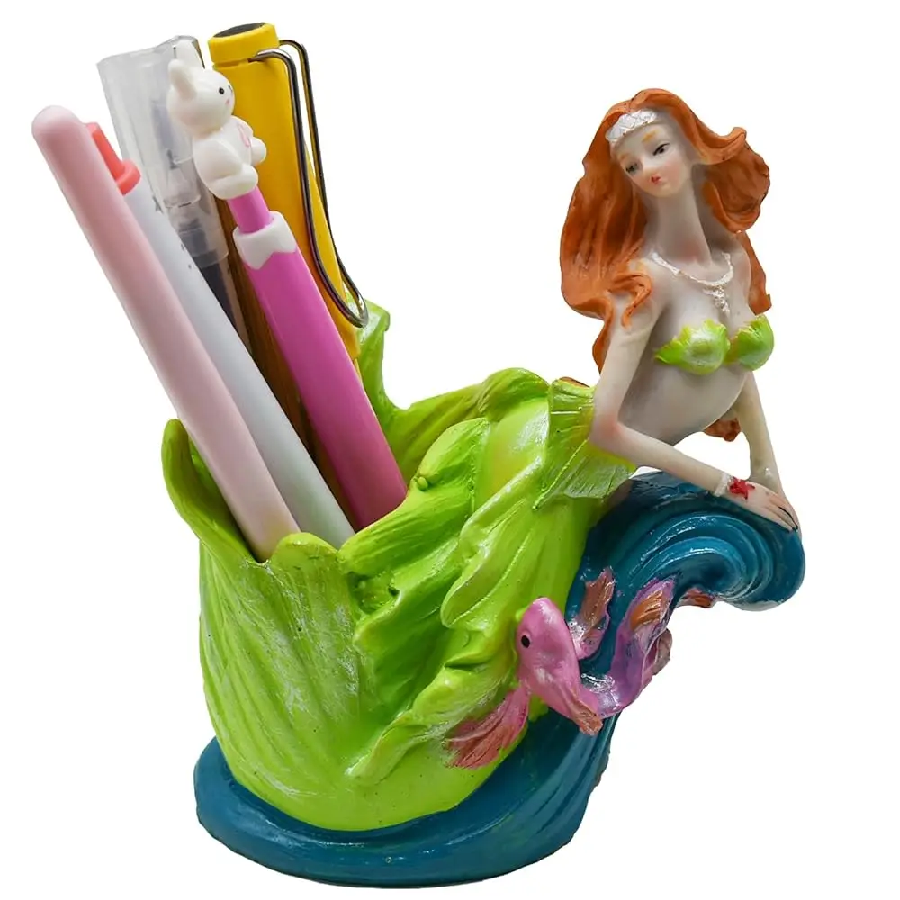 

1PCs Green Mermaid Pen Holder Statues Cute Mermaids Figurines Decor Resin Mediterranean Princess Pencil Vase for Home Office