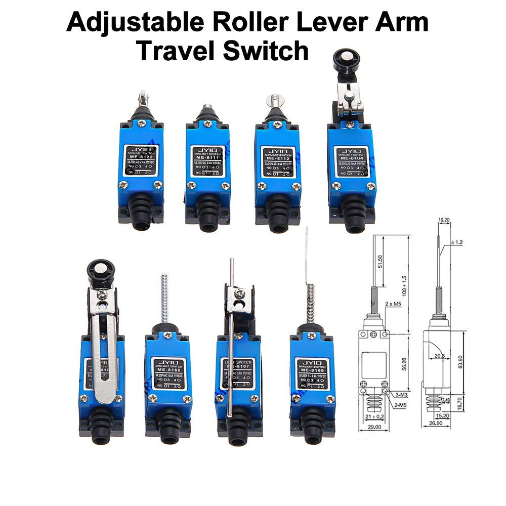AC250V Adjustable Roller Lever Arm Travel Switch ME-8104 ME-8107 ME-8166 ME-8169 Limit Switch Rotary NO NC ME-8108 ME-8112
