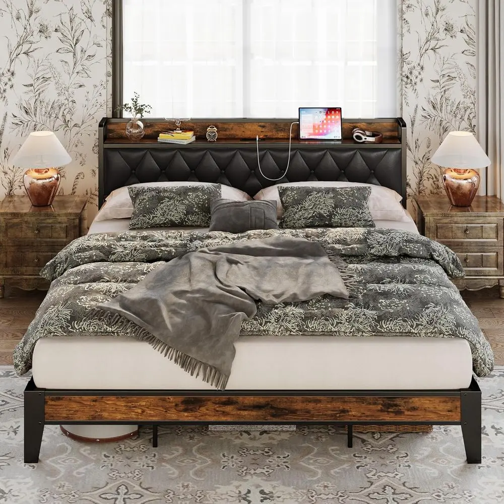California King Size Bed Frame with Storage Headboard, Outlets, Easy Assembly, Durable and Quiet, No Box Spring Required, Rustic