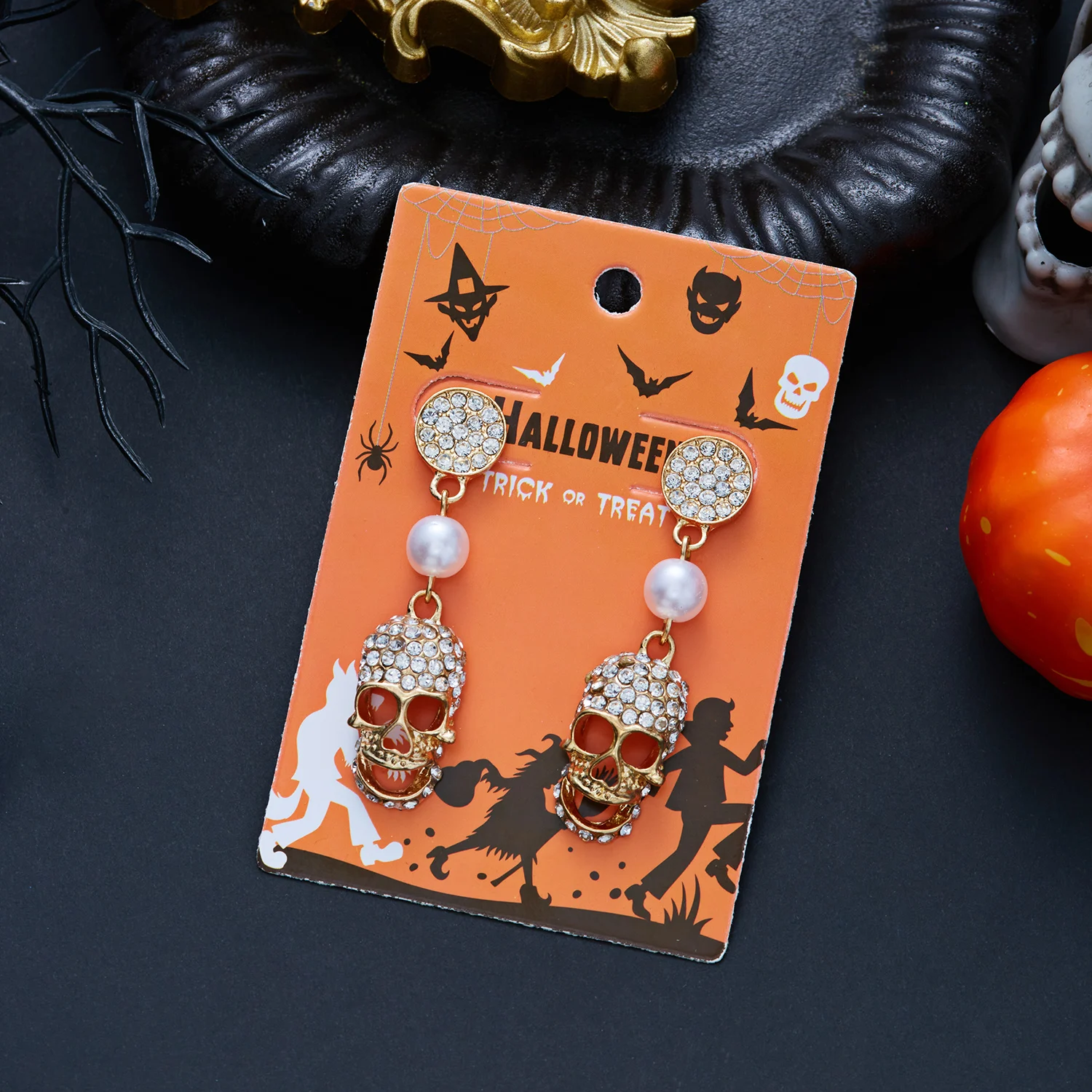 Vollständig mit Strass besetzte Totenkopf-Ohrhänger für Damen, Gothic-Punk-Skelett-Tropfenohrringe, Charms für Halloween, Cosplay, Party-Schmuck – Detail 5