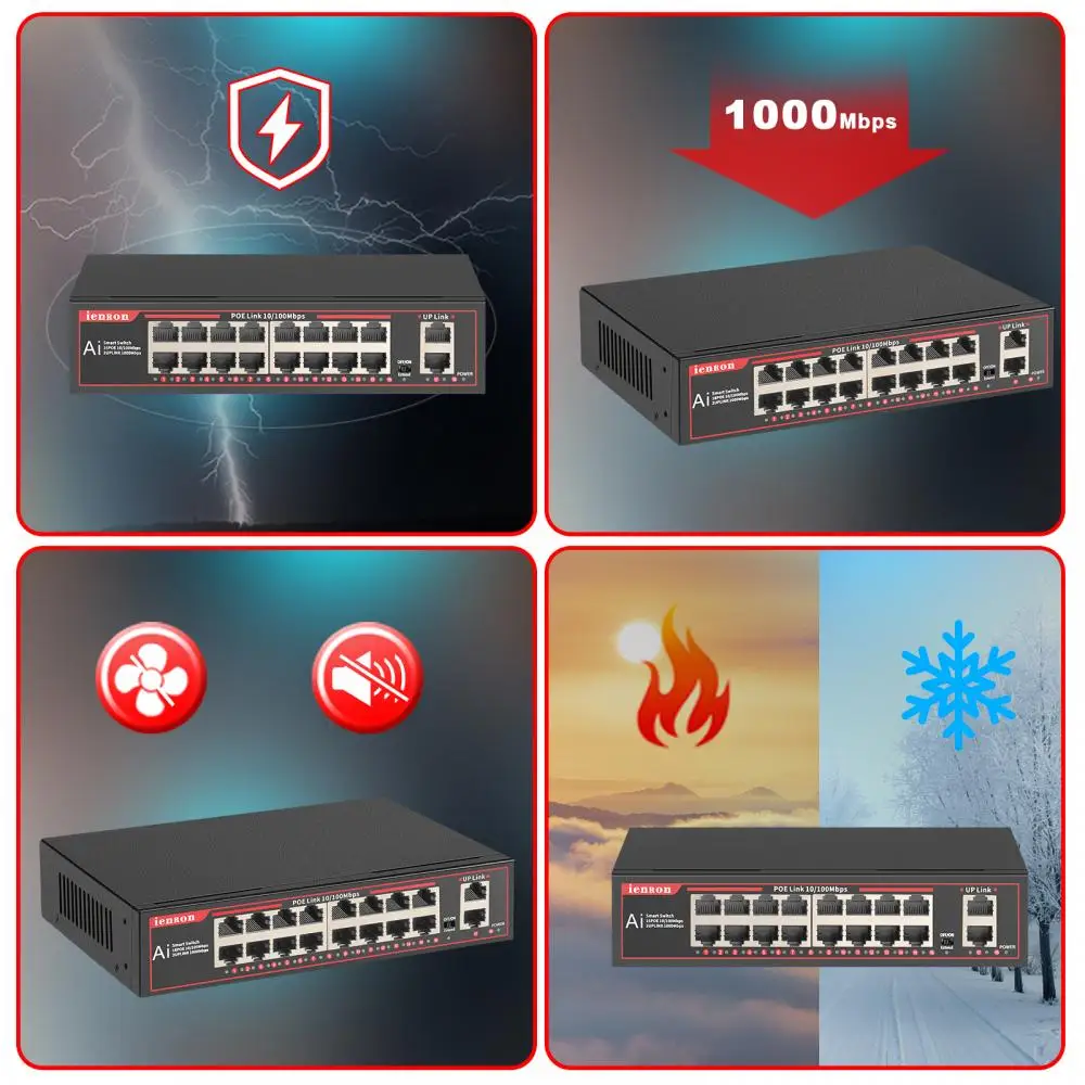 Poe switch ethernet com 16 portas, 100mbps, switch de rede ethernet ieee 802,3 af/at para câmera ip/cctv sistema de segurança