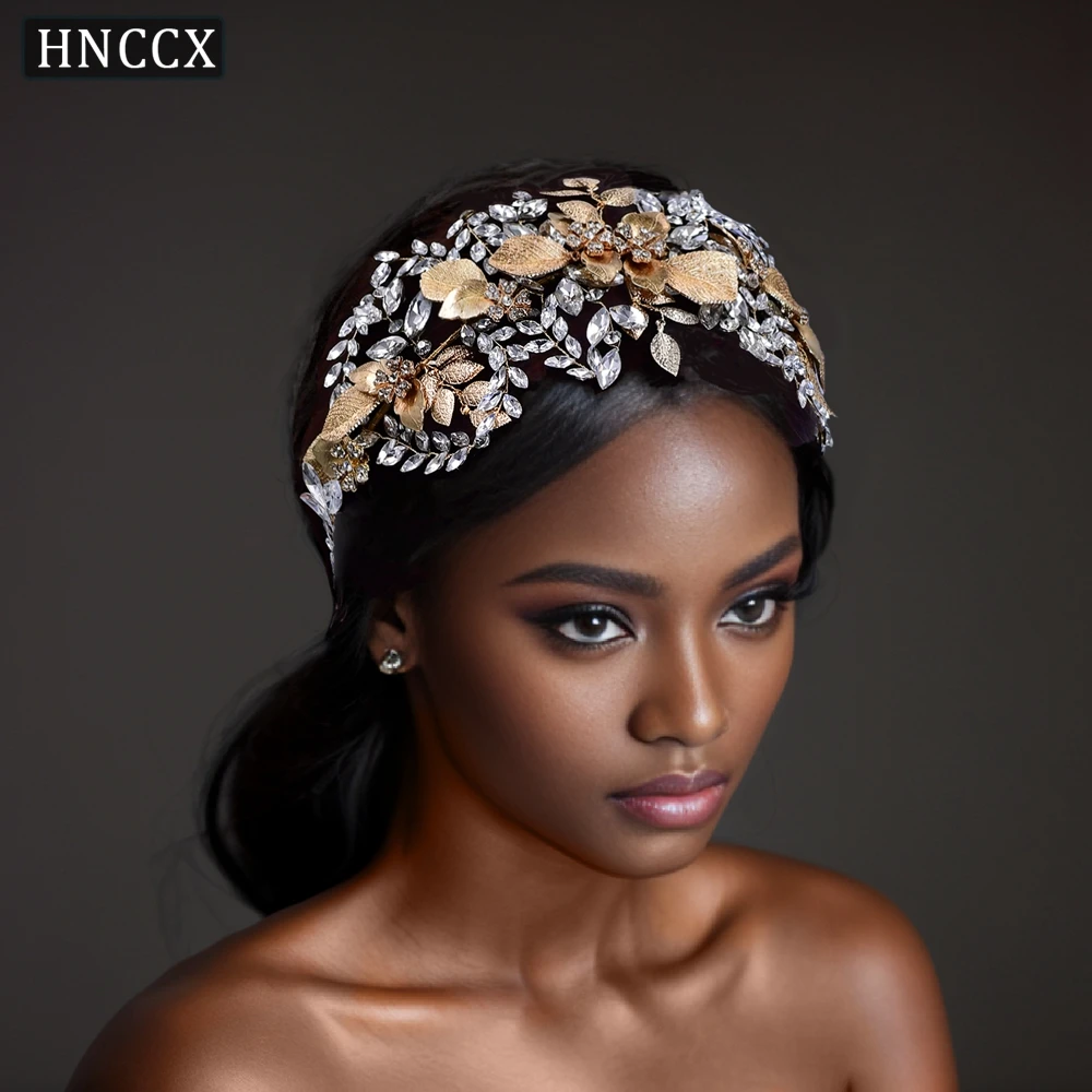 

HNCCX Golden Color Alloy Leaf Bridal Hair Accessories Elegant Girl Headband Handmade Rhinestone Bridal Headpiece Headdress CP391