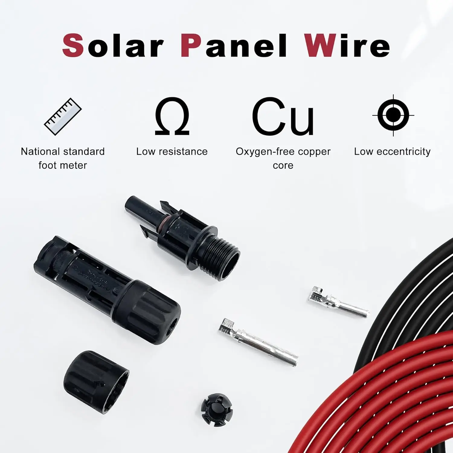 10 gauge solar panel wire 100Ft 10AWG (6mm²) photovoltaic wire tinned copper wire with 2 pairs of solar connectors outdoor car