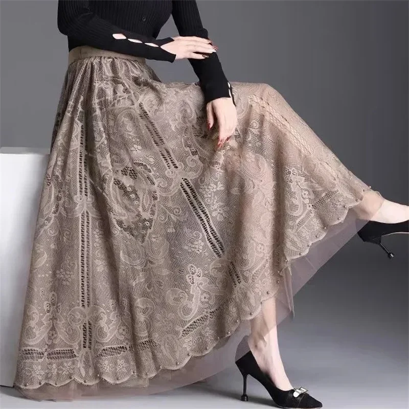 Pop Lace Long Skirt Women 2025 Spring Summer Elastic High Waist A-Line Hollow Out Studded Long Skirt Female Elegant Lace Midi Sk