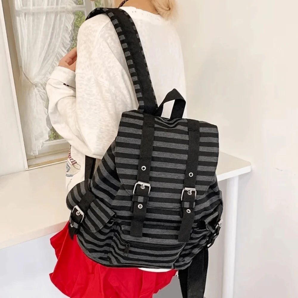 Cute Large Capacity Striped Backpack Y2K Multi-pocket Students Schoolbag Nylon Cloth Hiking Camping Bag College