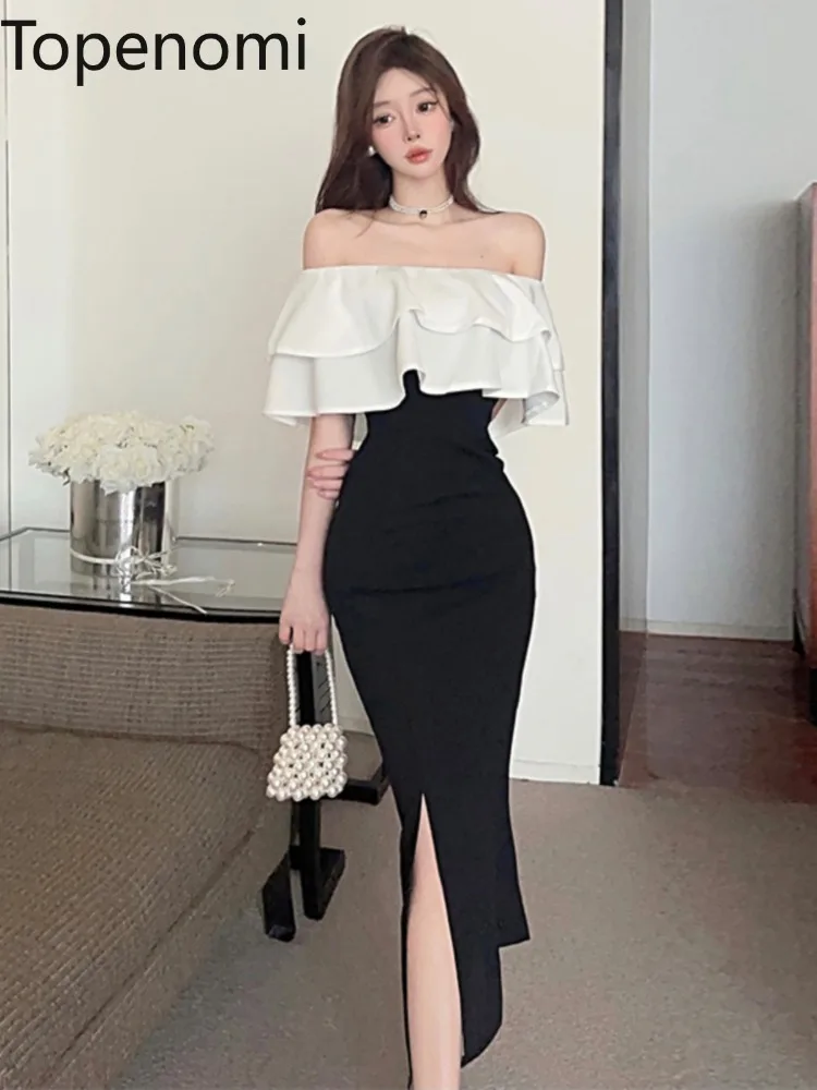 

Topenomi Party Dresses Women Sexy Spliced Ruffles Strapless Waist Split Slim Fit Evening Gown Elegant Formal Cocktail Dresses