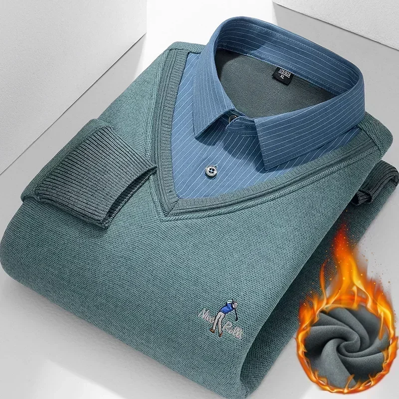 Winter Men's Sweater Thickened Two-piece Casual Shirt Knitted Underwear Pullover Large Men Knitting Sweaters Men Clothing 4XL